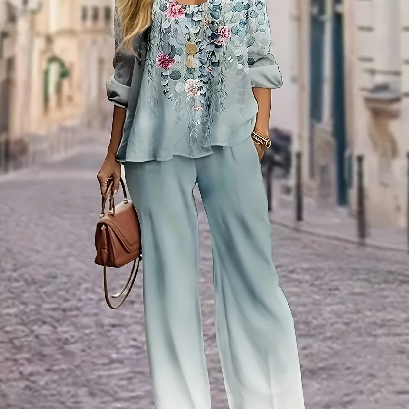 Women's Plus Floral Print Top & Wide Leg Pants Set