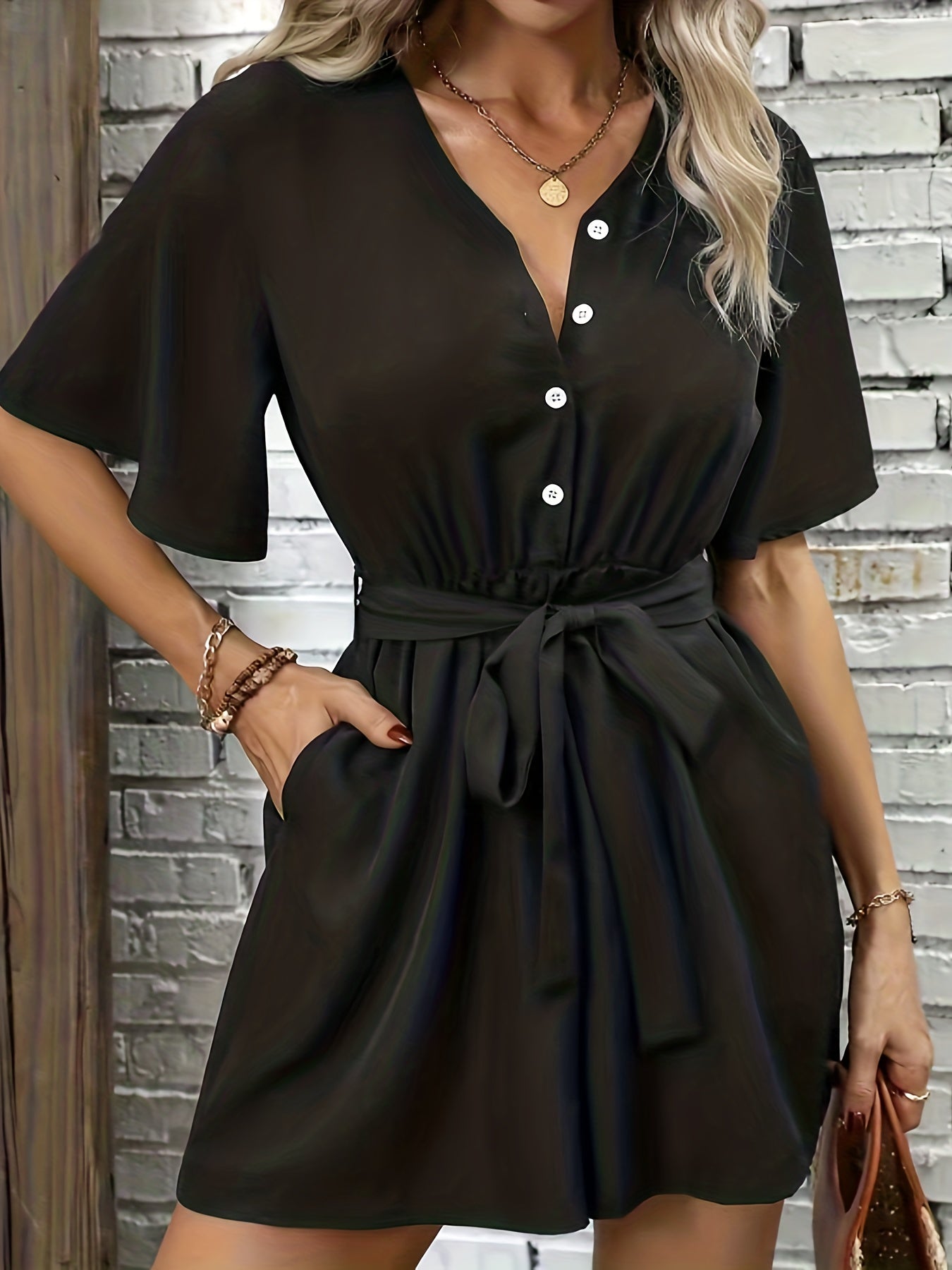 Women's Plus Size Solid V Neck Romper with Pockets & Belt
