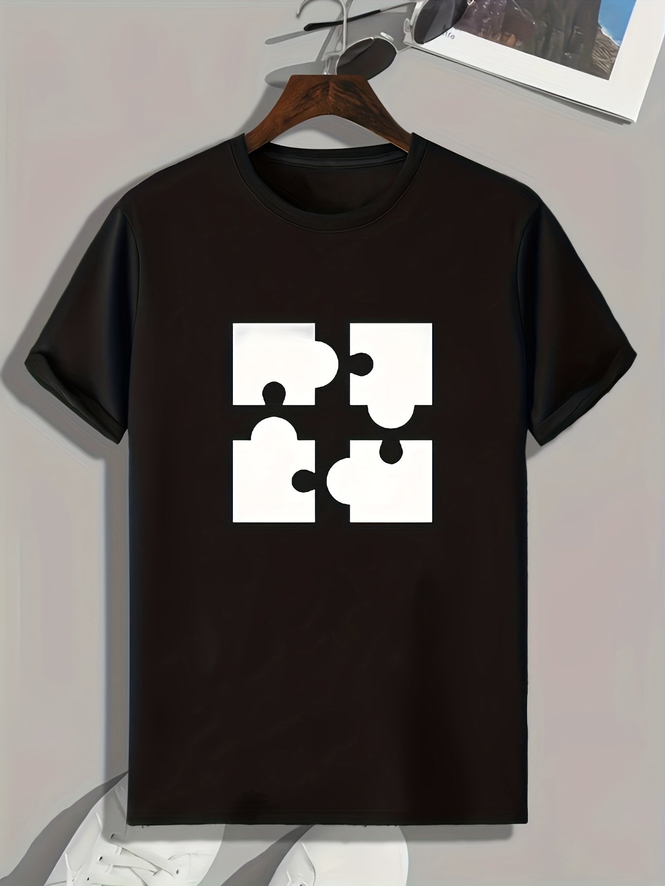 Puzzle Pattern Print Men's Sports T-shirt for Fitness Activities