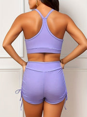 Solid V Neck Ruched Bikini Set Spaghetti Straps High Waist Boxer Short Swimsuit