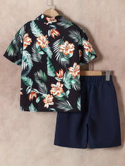 Boys Flower & Leaf Print Shirt & Shorts Set Kids Summer Clothes