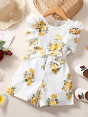 Girls Flowers Print Romper Sleeveless Ruffles Jumpsuit With Belt