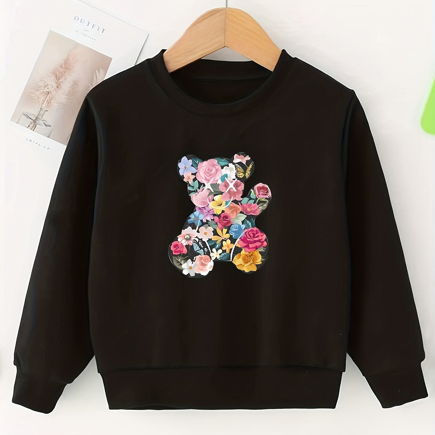 Girls Floral Bear Print Sweatshirt Long Sleeve Top Pullovers