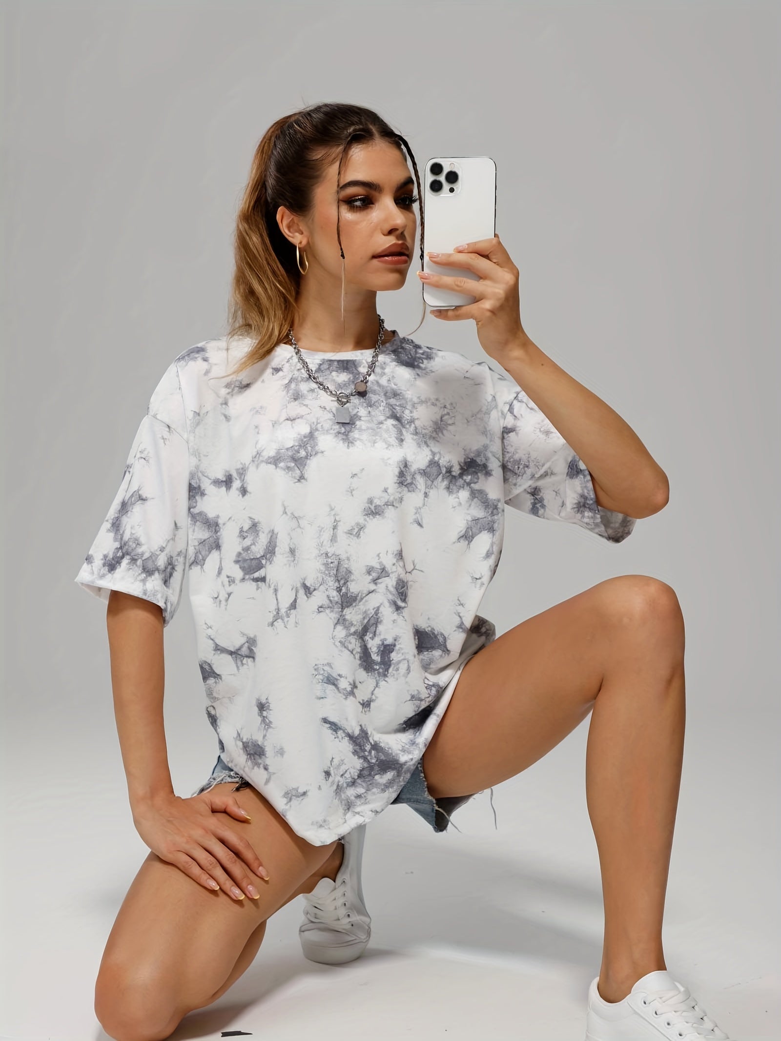 Tie Dye Crew Neck Casual T Shirt Loose Short Sleeve Top Women's A