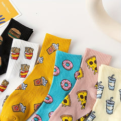 6 Pairs Cartoon Food Print Socks & Funny Mid Tube Socks Women's Stockings