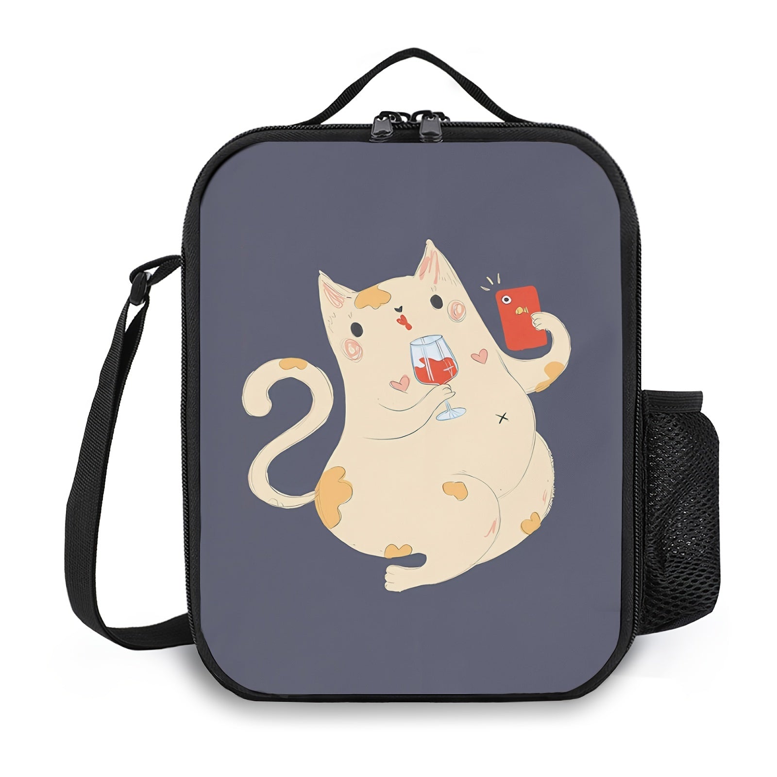 3D Cat & Wine Printed Lunch Bag - Funny Pattern Teen Lunch Tote Box