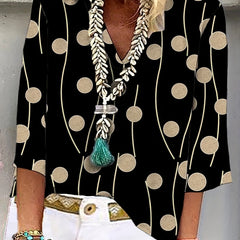 Dot & Stripe Print V Neck Top