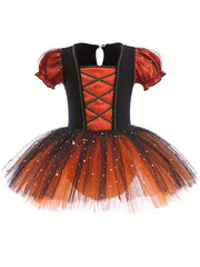 Girls Puff Sleeve Sequin Tutu Dress Ballet Leotard