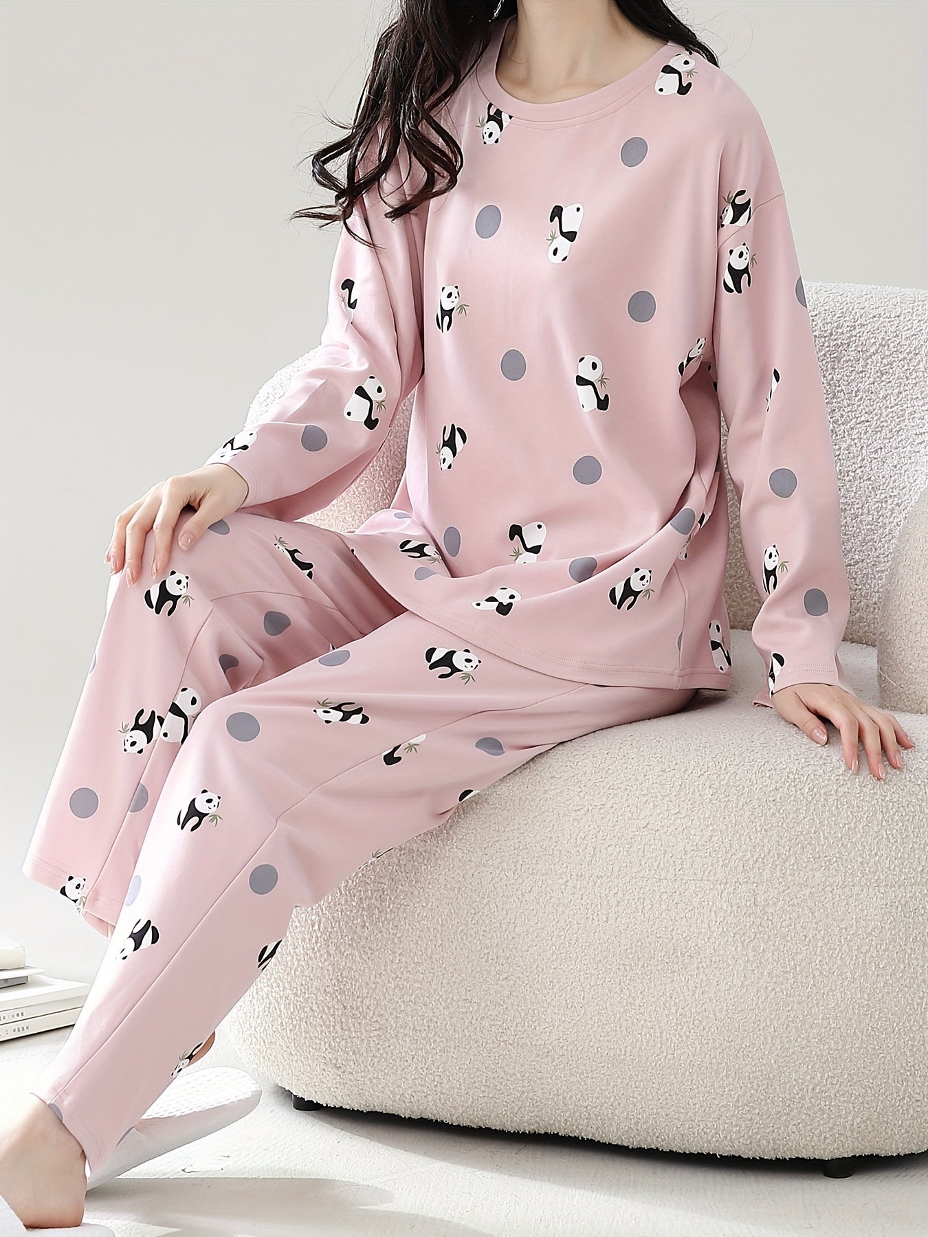 Panda Print Pajama Set Long Sleeve Top & Lounge Pants Women's Sleepwear