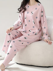 Panda Print Pajama Set Long Sleeve Top & Lounge Pants Women's Sleepwear