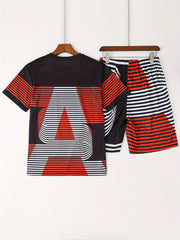 Letter And Stripe Print Mens 2 Piece Outfits T-shirt And Shorts Set