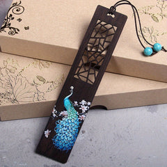 Wooden Painted Peacock Bookmark Chinese Style Peafowl Pendant