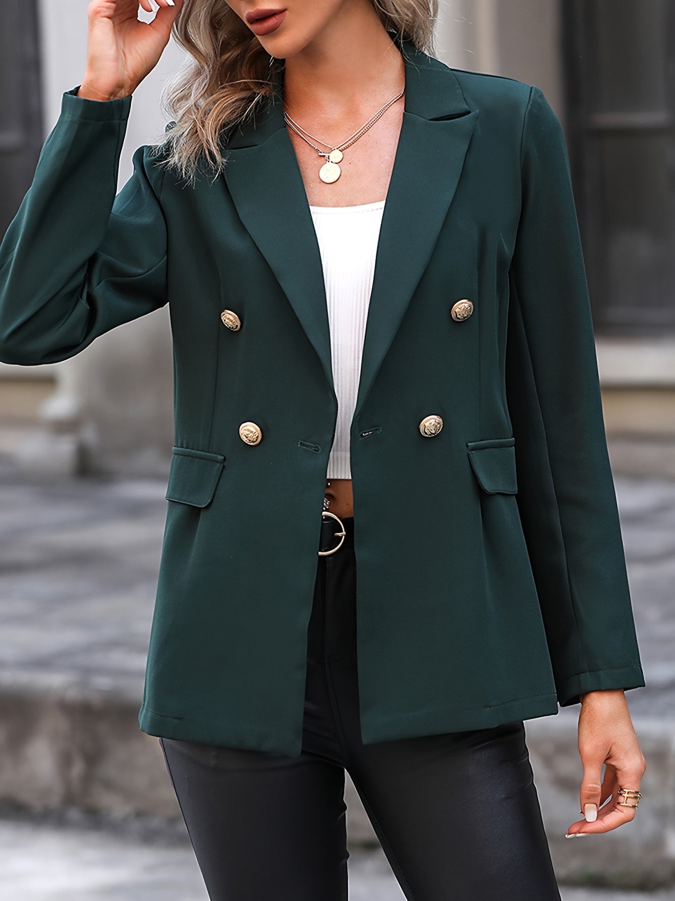 Solid V Neck Long Sleeve Button Lapel Pockets Jacket