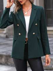 Solid V Neck Long Sleeve Button Lapel Pockets Jacket