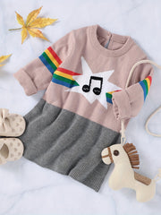 Baby Casual Dress Girls Sweater Long Sleeve Music Note Striped Dress