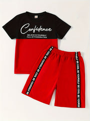 Boy's Confidence Print T-shirt & Shorts Set for Summer