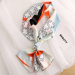 Pink Geometric Print Satin Ribbon Long Small Silk Scarf
