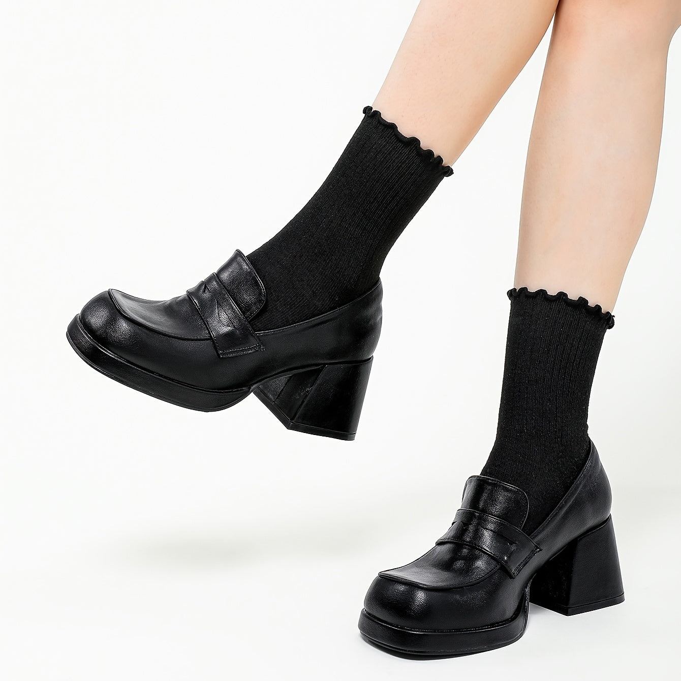 Chunky Heel Platform Loafers Square Toe High Heeled Shoes