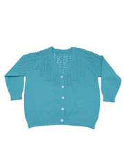 Solid Eyelet Embroidered Button Up Long Sleeve Cardigan