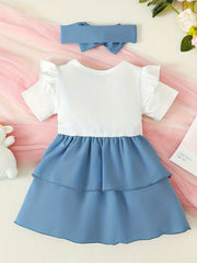 Baby Girl's 2pc Casual Set 2 In 1 Block Patchwork Dress & Headband