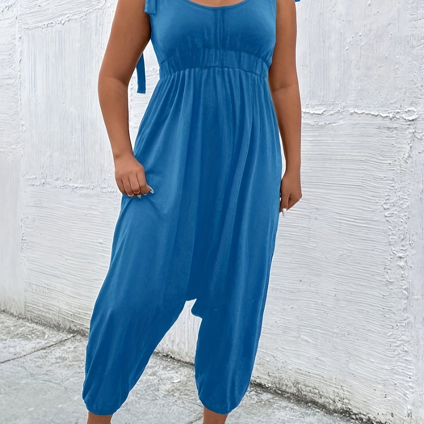 Plus Size Tie Shoulder Solid Jumpsuit Round Neck Tapered Leg