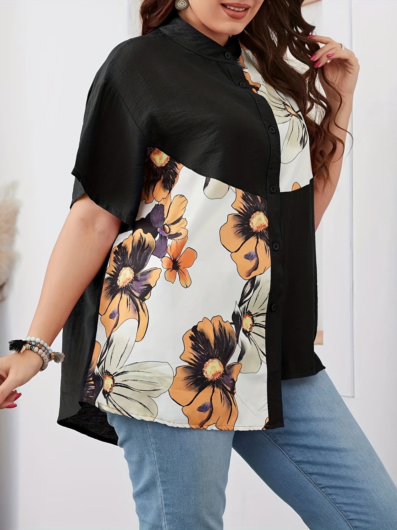 Colorblock Floral Print Button Up Blouse