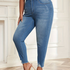 Ripped Fringe Trim High Rise Skinny Jeans