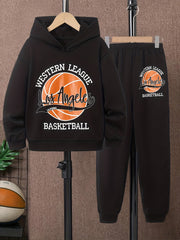 Boy's Basketball 2pcs Sweatshirt & Sweatpants Set LA Print Top Outfit