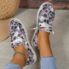Women's Skull & Flower Print Canvas Shoes Low Top Sneakers Lightweight