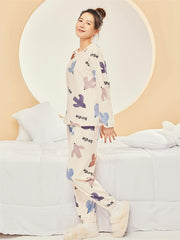 Cartoon Print Fuzzy Pajama Set Long Sleeve Top & Elastic Waistband Pants