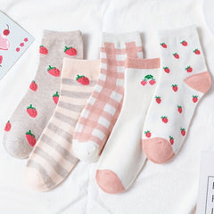 5 Pairs Strawberry Print Socks Women's Crew Stockings