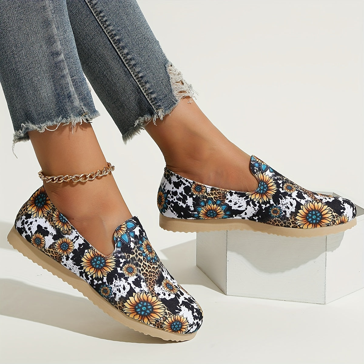 Women's Stitching Print Sneakers Slip On Lightweight Shoes