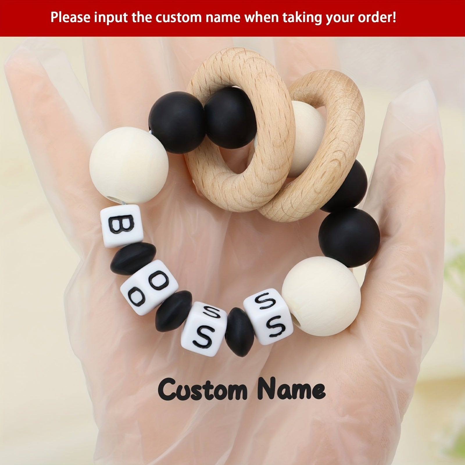 Personalized Wooden Teether Ring with Silicone Beads