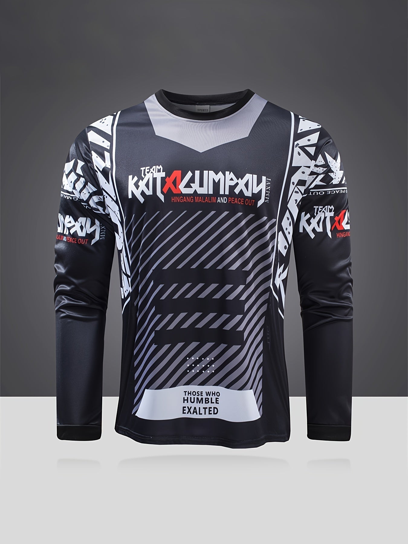 Men's Letters Pattern Shirt for Biking - Moisture Wicking Long Sleeve Crew Neck