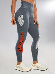 Halloween Pumpkin & Ghost Leggings Tummy Control High Waist Yoga Fitness Tights