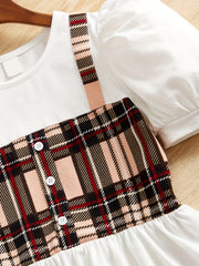 Girl's 2pc Puff Sleeve T-shirt & Flared Pants Set Plaid Pattern Outfit