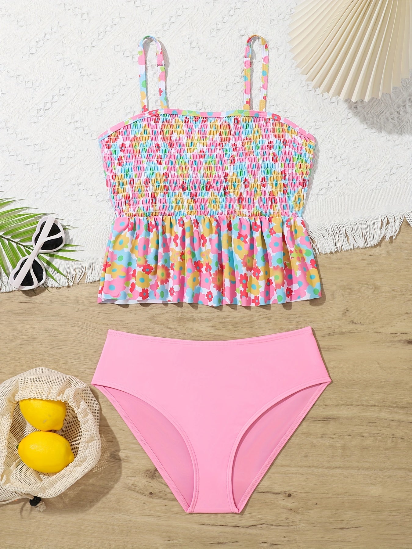 Toddler Girls Bikini Tankini Swimsuit Floral Graphic Ruffle Trim Set