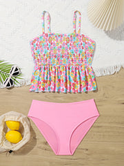 Toddler Girls Bikini Tankini Swimsuit Floral Graphic Ruffle Trim Set