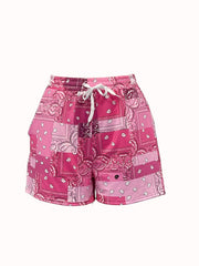 Paisley Patchwork Shorts Drawstring Elastic Waist Patchwork Summer