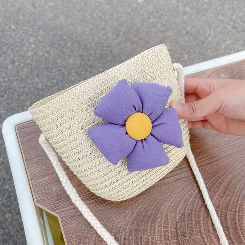 Girls Casual Braided Straw Bag With Flower Decoration Shoulder Bag
