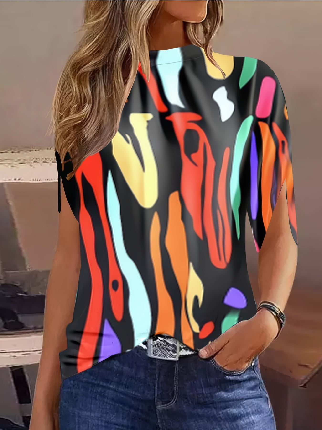 Floral Print Mock Neck Blouse