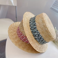 Wheat Straw Flat Top Straw Hat Men Women Vacation Floral Patched Top Hat