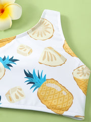2pcs Pineapple Cold Shoulder Swimsuit Girls