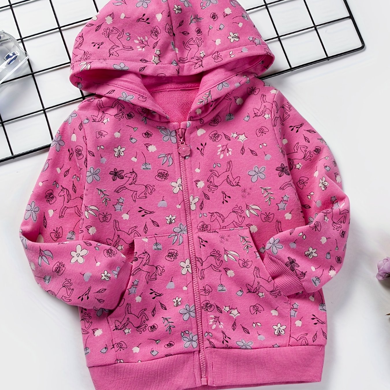 Toddler Girls Unicorn & Flowers Hooded Jacket Cotton Zipper Coat