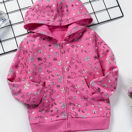Toddler Girls Unicorn & Flowers Hooded Jacket Cotton Zipper Coat