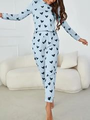 Heart Print Pajama Set Long Sleeve & Elastic Waistband Pants