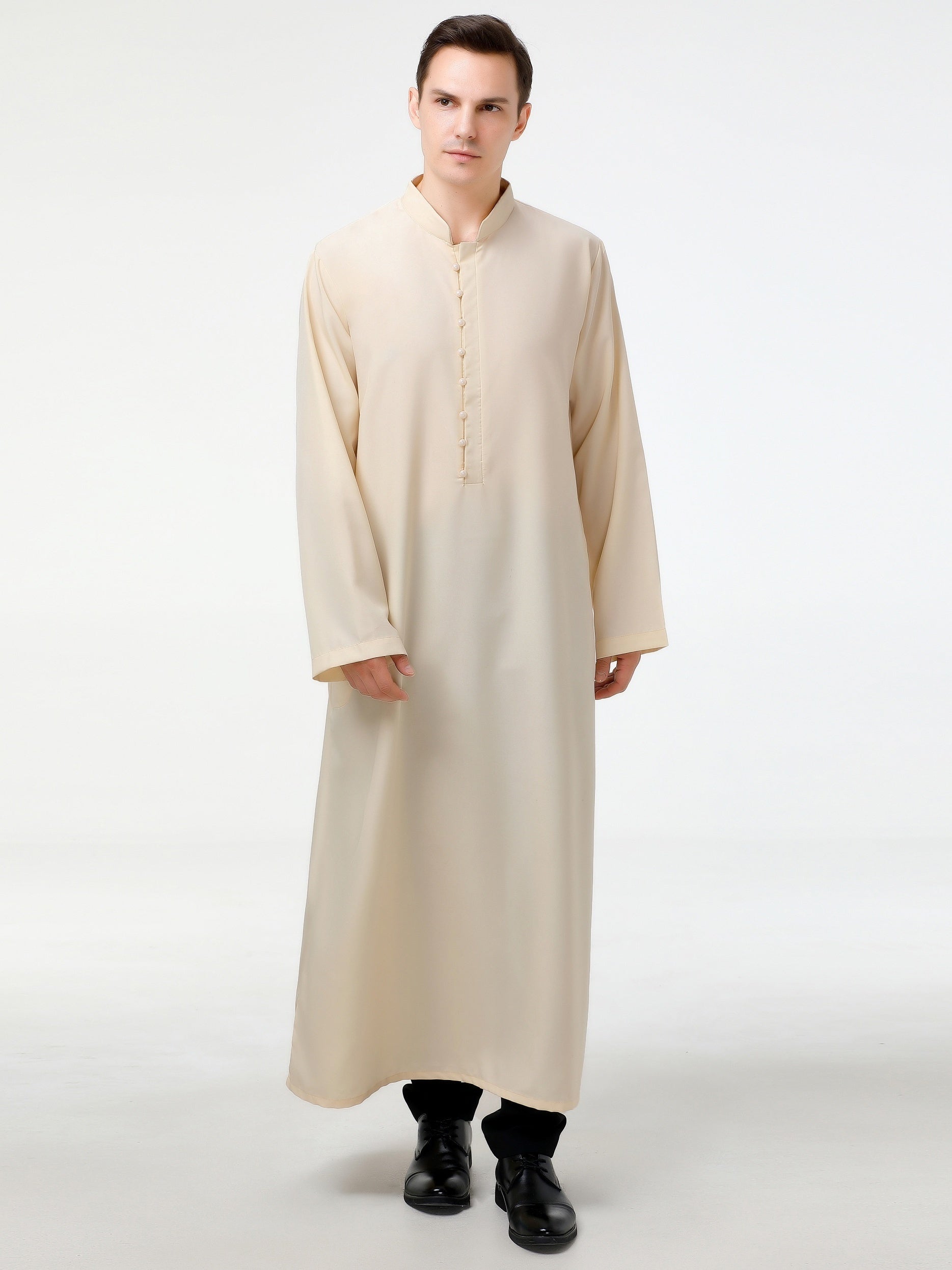 Islamic Arabic Kaftan Men Long Sleeve Solid Band Collar Muslim Clothes Vintage