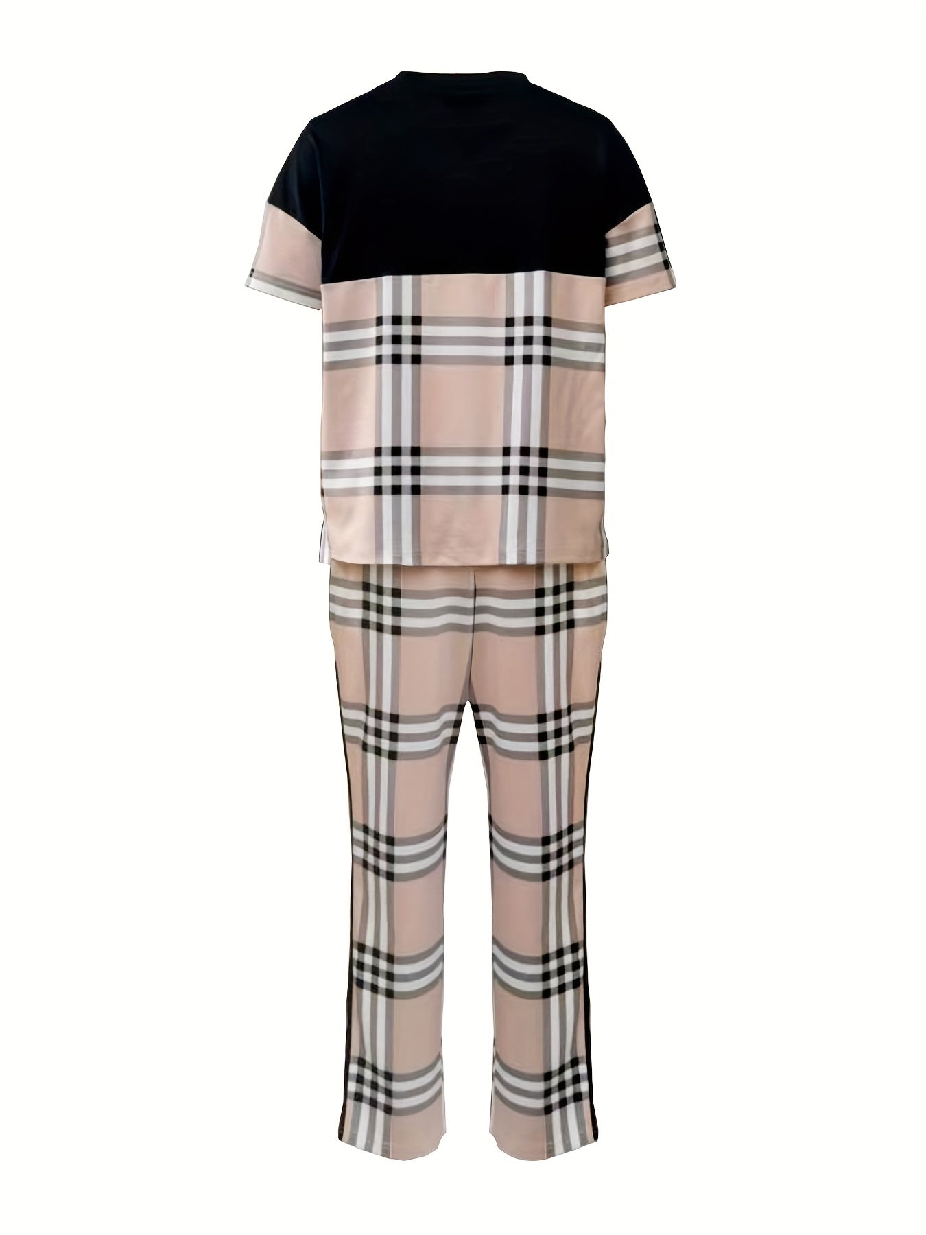 Plaid Print Casual Two piece Set Crew Neck Short Sleeve Tee & Long Length Pants