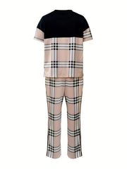 Plaid Print Casual Two piece Set Crew Neck Short Sleeve Tee & Long Length Pants