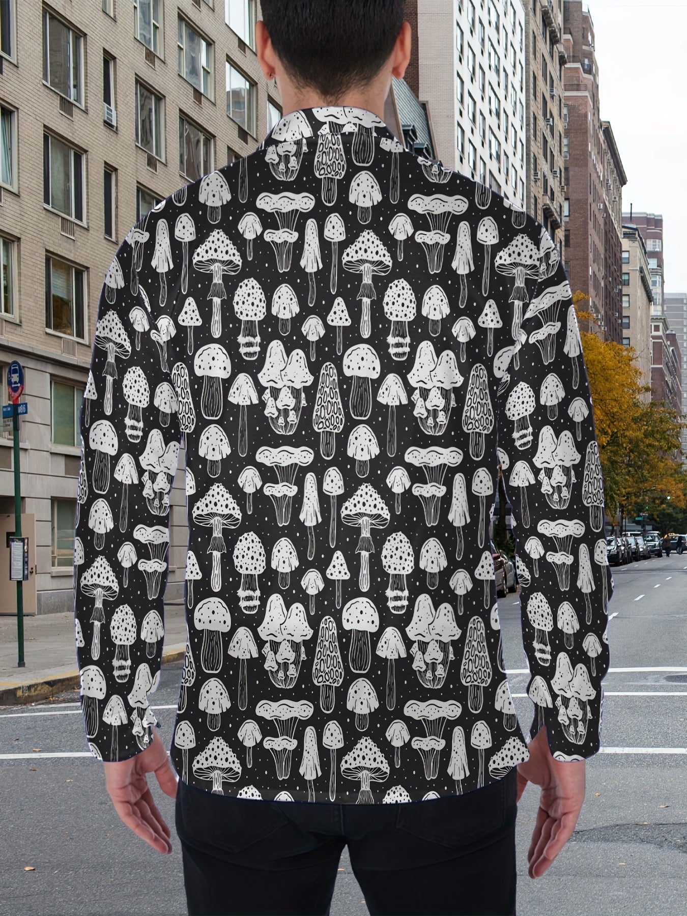 Men's Mushroom Print Button Up Shirt Long Sleeve Casual Outdoor